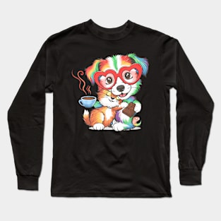 Cut Dog Hugging Cat With Coffee and Chocolate Long Sleeve T-Shirt